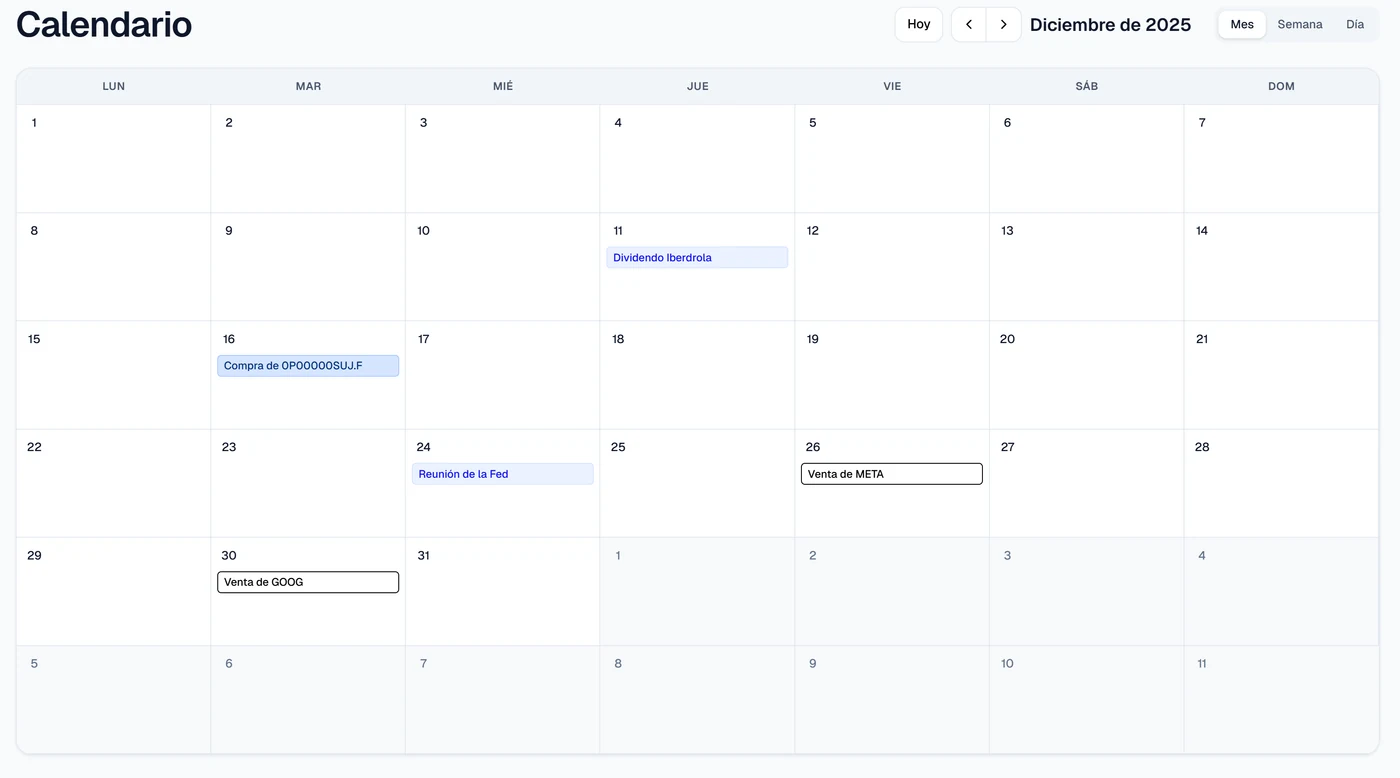 Calendario con los movimientos y dividendos del mes